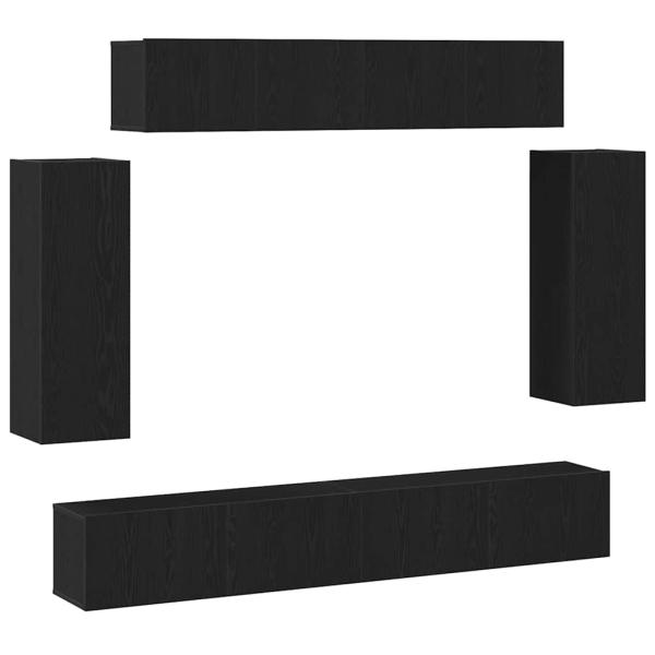 6-teiliges TV-Schranksystem - Technisch entwickeltes Holz mit antiker Holzoberfläche, Schwarzer Eichen TV-Ständer 80x30x30 cm - Aus technisch entwickeltem Holz, Wandmontierte TV-Schränke - 2 Stück in Schwarzer Eiche, 30,5x30x90 cm, Aus technisch entwickel