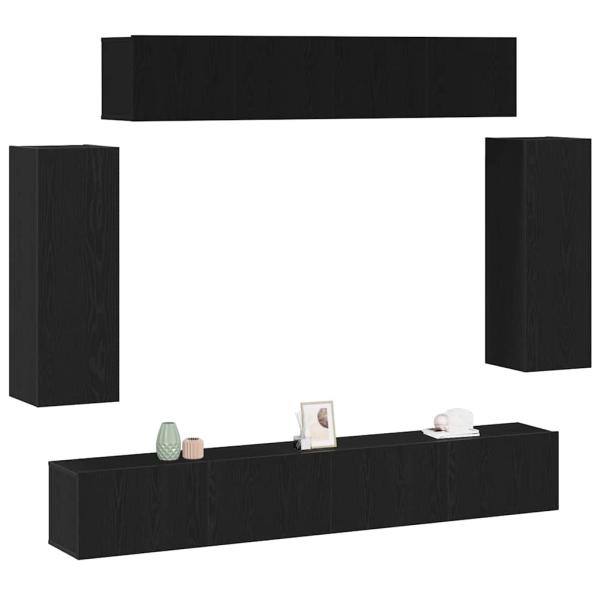 6-teiliges TV-Schranksystem - Technisch entwickeltes Holz mit antiker Holzoberfläche, Schwarzer Eichen TV-Ständer 80x30x30 cm - Aus technisch entwickeltem Holz, Wandmontierte TV-Schränke - 2 Stück in Schwarzer Eiche, 30,5x30x90 cm, Aus technisch entwickel