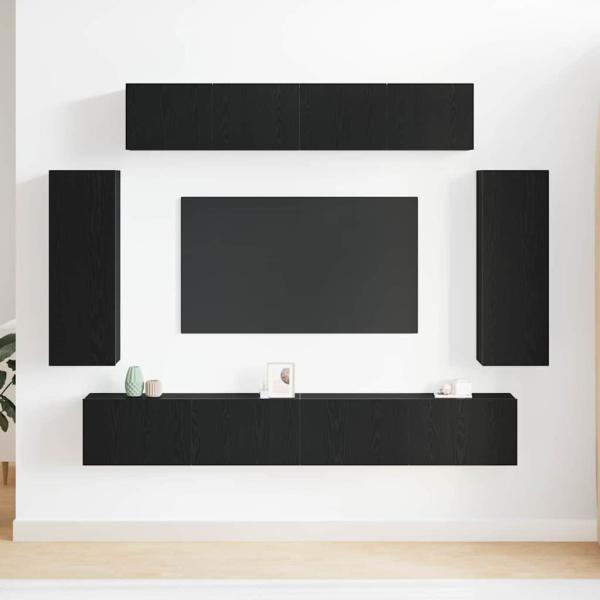 6-teiliges TV-Schranksystem - Technisch entwickeltes Holz mit antiker Holzoberfläche, Schwarzer Eichen TV-Ständer 80x30x30 cm - Aus technisch entwickeltem Holz, Wandmontierte TV-Schränke - 2 Stück in Schwarzer Eiche, 30,5x30x90 cm, Aus technisch entwickel