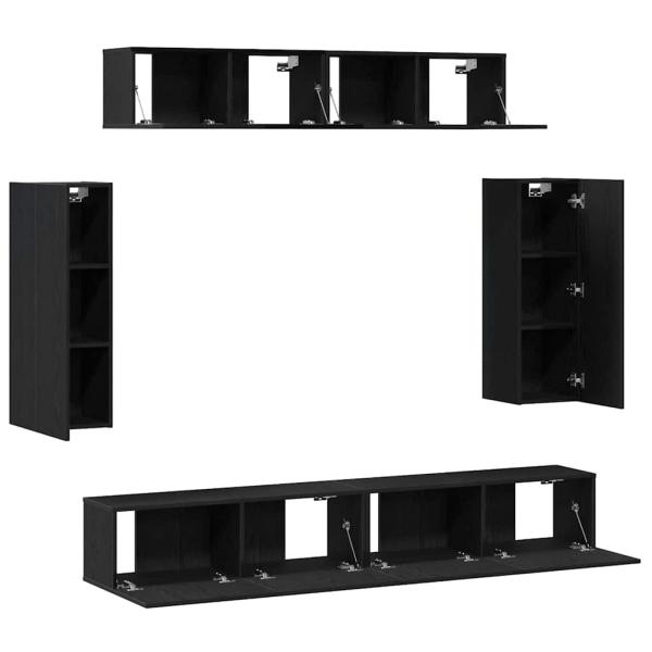 6-teiliges TV-Schranksystem - Technisch entwickeltes Holz mit antiker Holzoberfläche, Schwarzer Eichen TV-Ständer 80x30x30 cm - Aus technisch entwickeltem Holz, Wandmontierte TV-Schränke - 2 Stück in Schwarzer Eiche, 30,5x30x90 cm, Aus technisch entwickel