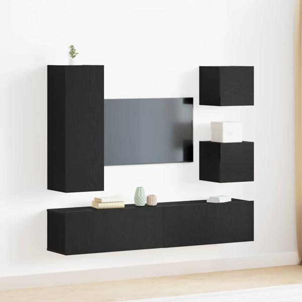 ARDEBO.de - 6-teiliges TV-Kabinett-Set Schwarz Eiche Holzwerkstoff, Wandmontierte TV-Schränke 2 Stück Schwarz Eiche 30.5x30x30 cm, Wandmontierter TV-Schrank in Schwarz Eiche - 30.5x30x90 cm, aus Holzwerkstoff, Schwarz Eiche TV-Ständer 80x30x30 cm aus Holz