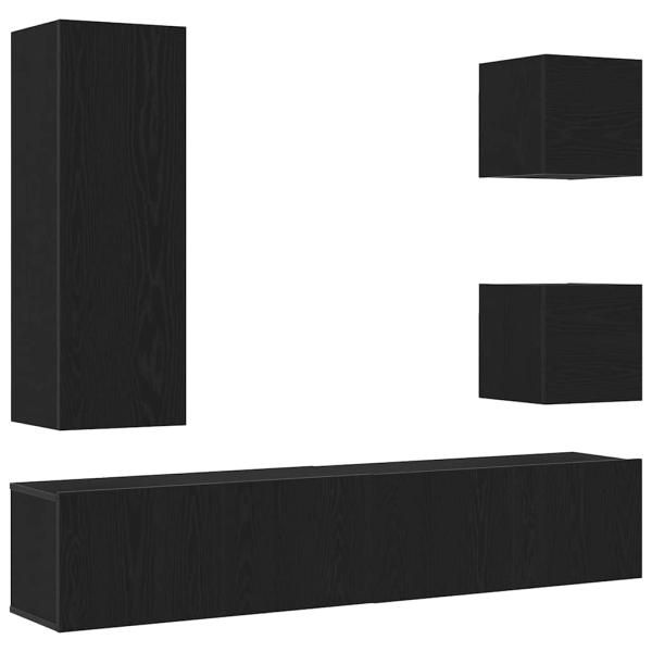 6-teiliges TV-Kabinett-Set Schwarz Eiche Holzwerkstoff, Wandmontierte TV-Schränke 2 Stück Schwarz Eiche 30.5x30x30 cm, Wandmontierter TV-Schrank in Schwarz Eiche - 30.5x30x90 cm, aus Holzwerkstoff, Schwarz Eiche TV-Ständer 80x30x30 cm aus Holzwerkstoff