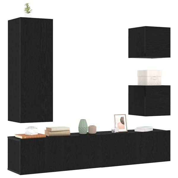 6-teiliges TV-Kabinett-Set Schwarz Eiche Holzwerkstoff, Wandmontierte TV-Schränke 2 Stück Schwarz Eiche 30.5x30x30 cm, Wandmontierter TV-Schrank in Schwarz Eiche - 30.5x30x90 cm, aus Holzwerkstoff, Schwarz Eiche TV-Ständer 80x30x30 cm aus Holzwerkstoff