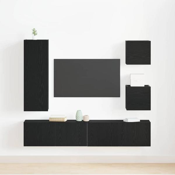 6-teiliges TV-Kabinett-Set Schwarz Eiche Holzwerkstoff, Wandmontierte TV-Schränke 2 Stück Schwarz Eiche 30.5x30x30 cm, Wandmontierter TV-Schrank in Schwarz Eiche - 30.5x30x90 cm, aus Holzwerkstoff, Schwarz Eiche TV-Ständer 80x30x30 cm aus Holzwerkstoff