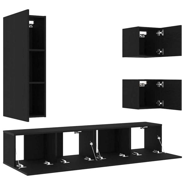 6-teiliges TV-Kabinett-Set Schwarz Eiche Holzwerkstoff, Wandmontierte TV-Schränke 2 Stück Schwarz Eiche 30.5x30x30 cm, Wandmontierter TV-Schrank in Schwarz Eiche - 30.5x30x90 cm, aus Holzwerkstoff, Schwarz Eiche TV-Ständer 80x30x30 cm aus Holzwerkstoff