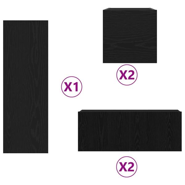 6-teiliges TV-Kabinett-Set Schwarz Eiche Holzwerkstoff, Wandmontierte TV-Schränke 2 Stück Schwarz Eiche 30.5x30x30 cm, Wandmontierter TV-Schrank in Schwarz Eiche - 30.5x30x90 cm, aus Holzwerkstoff, Schwarz Eiche TV-Ständer 80x30x30 cm aus Holzwerkstoff