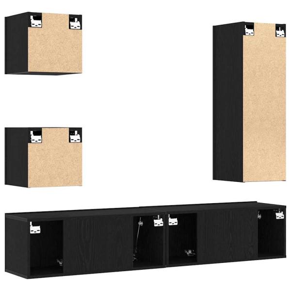 6-teiliges TV-Kabinett-Set Schwarz Eiche Holzwerkstoff, Wandmontierte TV-Schränke 2 Stück Schwarz Eiche 30.5x30x30 cm, Wandmontierter TV-Schrank in Schwarz Eiche - 30.5x30x90 cm, aus Holzwerkstoff, Schwarz Eiche TV-Ständer 80x30x30 cm aus Holzwerkstoff