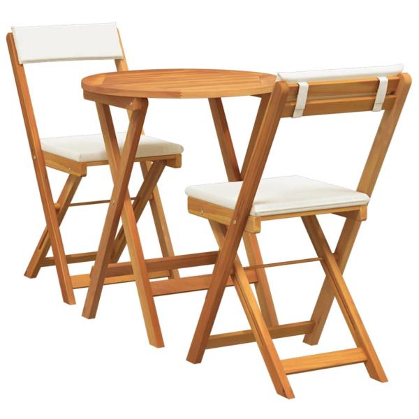 3-teiliges Faltbistro-Set mit Kissen aus massivem Akazienholz