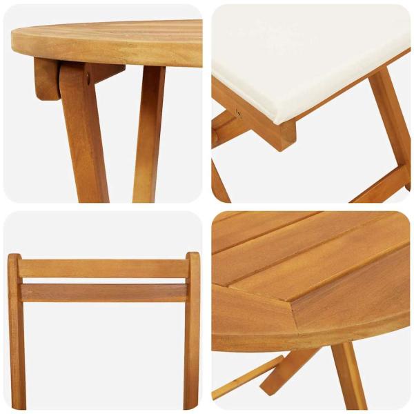 3-teiliges Faltbistro-Set mit Kissen aus massivem Akazienholz