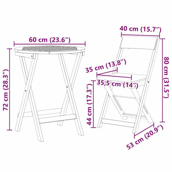 3-teiliges faltbares Bistro Set mit Kissen aus massivem Akazienholz