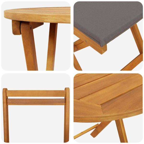 3-teiliges faltbares Bistro Set mit Kissen aus massivem Akazienholz