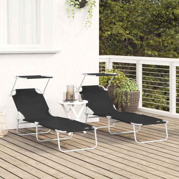 Faltbare Sonnenliegen 2 Stück mit Sonnenblende Schwarz 600D Oxford-Stoff