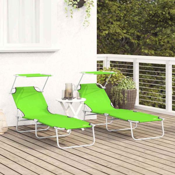 Faltbare Sonnenliegen 2 Stück mit Sonnendach Grün 600D Oxford Gewebe