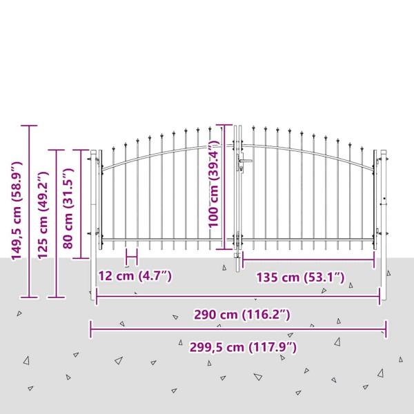 Gartentor mit Spear Top Doppelschwing Grau 100x300 cm Stahl