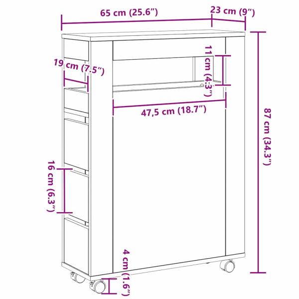 Schmaler Badezimmer Schrank mit Rädern Schwarz Holz Spanplatte