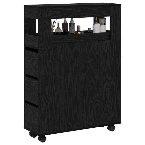 Schmaler Badezimmer Schrank mit Rädern Schwarz Holz Spanplatte