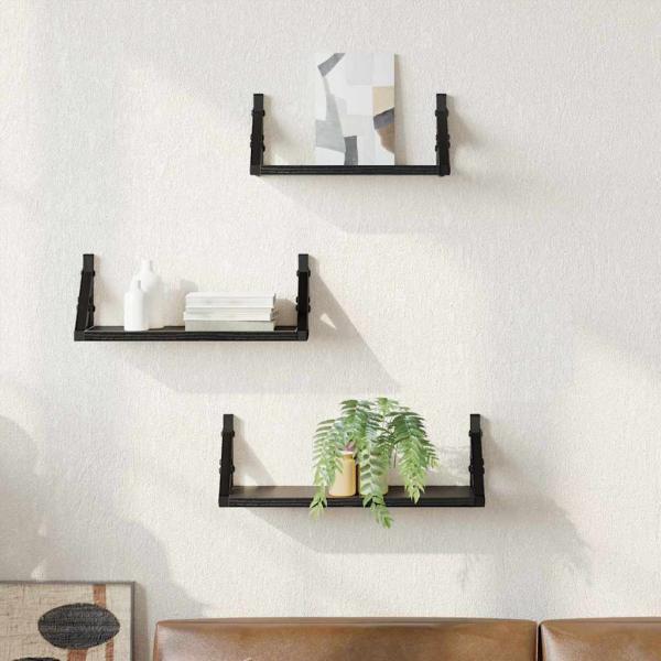 ARDEBO.de - 3-teiliges Wandregal-Set Schwarze Eiche Technisch Holz