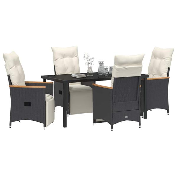 5-teiliges Garten-Dining-Set mit Kissen Schwarzes Poly-Rattan