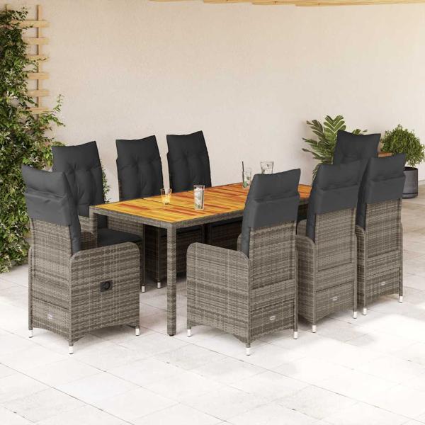 ARDEBO.de - 9-tlg. Garten-Bistro-Set mit Kissen Grau Poly Rattan