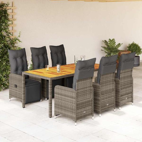 ARDEBO.de - 7-tlg. Garten-Bistro-Set mit Kissen Grau Poly Rattan