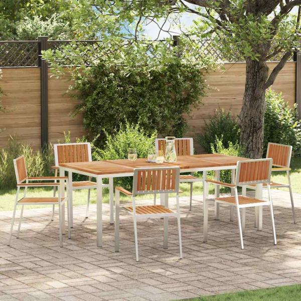 ARDEBO.de - 7-teiliges Garten Essgruppe Massivholz Teak, Outdoor Esstisch 200x90x74,5 cm Massivholz Teak, Stapelbare Gartenstühle 2 Stück Massivholz Teak und Metall, Stapelbare Gartenstühle 4 Stück Massivholz Teak und Metall