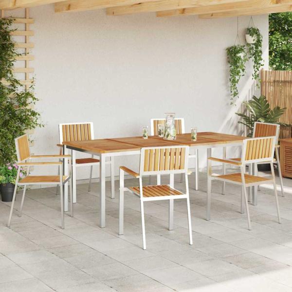 7-teiliges Garten Essgruppe Massivholz Teak, Outdoor Esstisch 200x90x74,5 cm Massivholz Teak, Stapelbare Gartenstühle 2 Stück Massivholz Teak und Metall, Stapelbare Gartenstühle 4 Stück Massivholz Teak und Metall