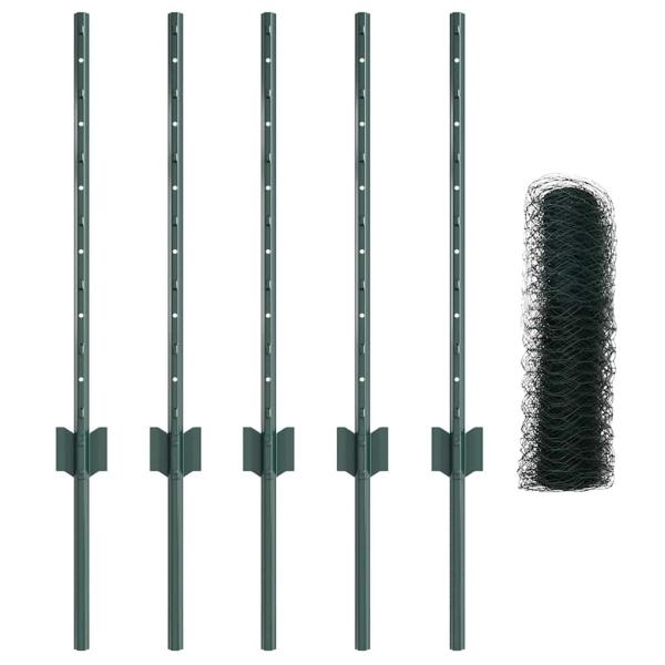 Zaunpfosten 5 Stk U-Profil Grün 120 cm Stahl, Sechseckiger Zaun Grün 0.6x10 m Stahl