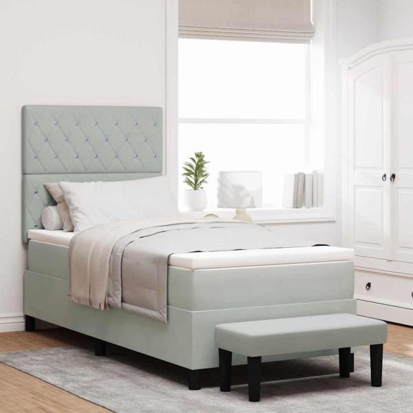 ARDEBO.de - Boxspringbett mit Matratze und Bank Hellgrau 90x190 cm Samt