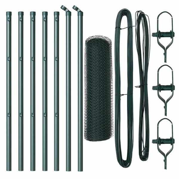 Sechseckzaun Grün 0,6x10 m Stahl, Zaunpfosten 7 Stück Grün Ø32 mm 100 cm Verzinkter Stahl