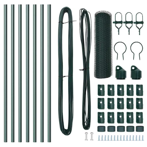 Sechseckzaun Grün 0,6x10 m Stahl, Zaunpfosten 7 Stück Grün Ø32 mm 100 cm Verzinkter Stahl