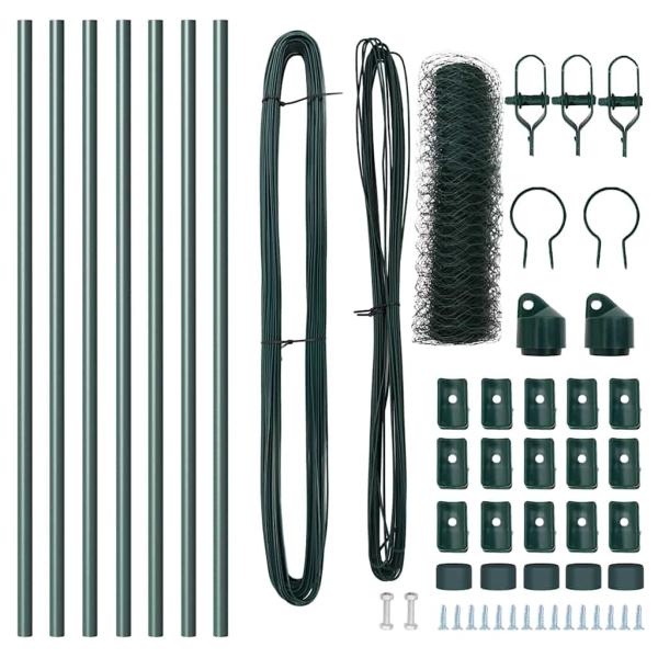 Sechseckzaun Grün 0,6x10 m Stahl, Zaunpfosten 7 Stück Grün Ø32 mm 100 cm Verzinkter Stahl
