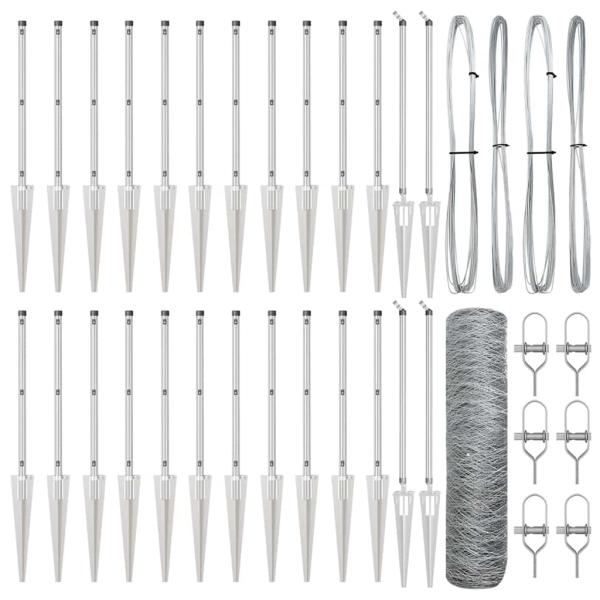 Sechseckzaun 0.8x50 m Feuerverzinkter Stahl, Zaunpfähle mit Spike 13 Stück Ø32 mm 100 cm Feuerverzinkter Stahl