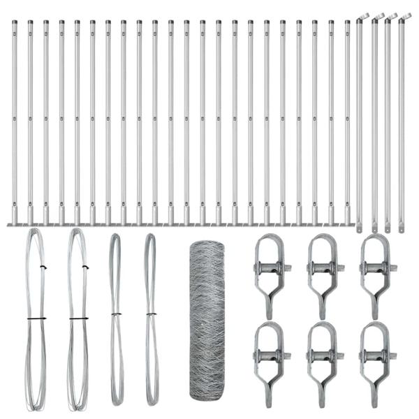 Hexagonzaun 0,8x50 m Verzinkter Stahl, Zaunpfosten mit Bodenplatten 13 Stück Ø32mm 90cm Verzinkter Stahl
