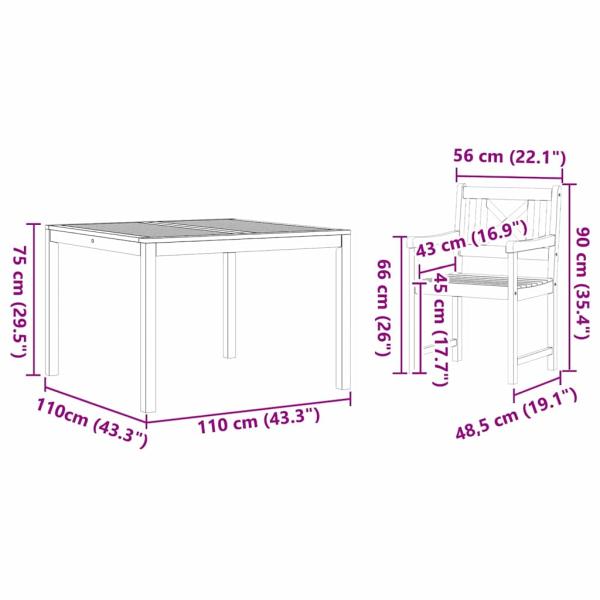 5-teiliges Gartenset Esstisch Massivholz Akazie, Gartenstühle 2 Stück 56x56x90 cm Massivholz Akazie
