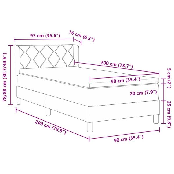 Boxspringbett mit Matratze Blau 90x200 cm Stoff, Kopfteil Diamantblockdesign Blau 90 cm Stoff
