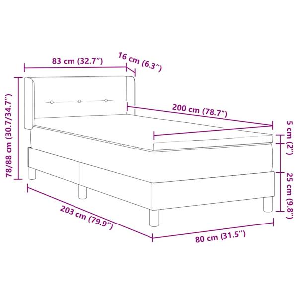 Boxspringbett mit Matratze Dunkelgrau 80x200 cm Stoff, Kopfteil mit Knopfheftung Dunkelgrau 80 cm Stoff