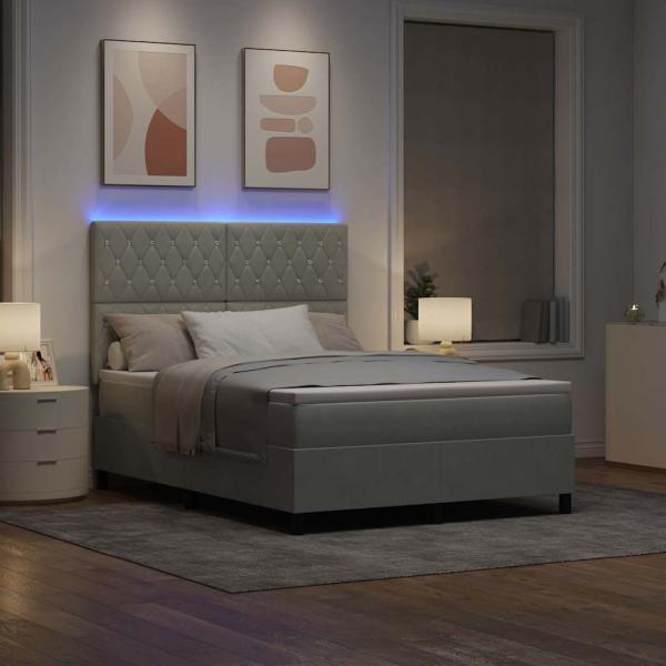 LED Boxspringbett mit Matratze Hellgrau 140x190 cm Samt