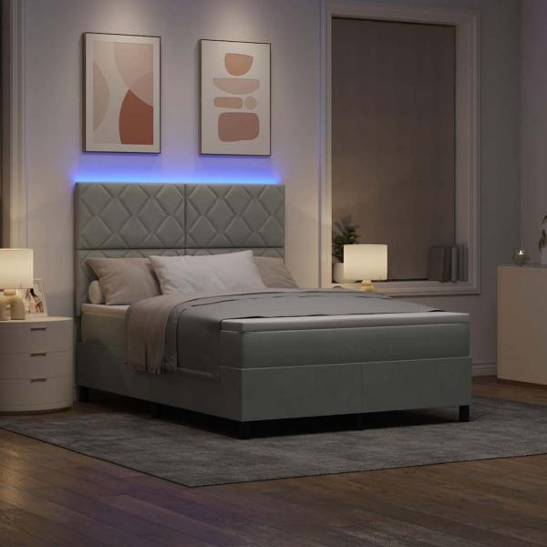 LED Boxspringbett mit Matratze Hellgrau 140x190 cm Samt