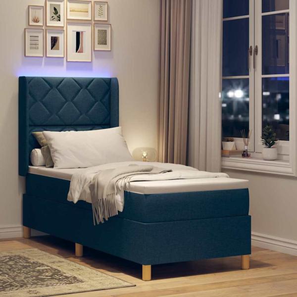 LED Boxspringbett mit Matratze Blau 80x200 cm Stoff
