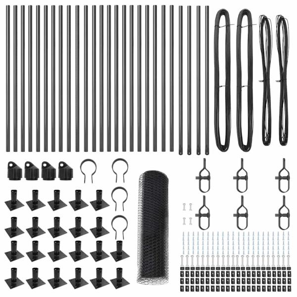 Sechseckzaun Grau 1x50 m Stahl, Zaunpfosten mit Fußplatten 13 Stück Ø32mm 110cm verzinkter Stahl