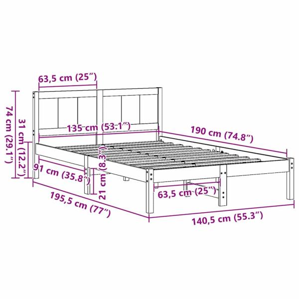 Wachsbrown Kiefer Bettgestell Wachsbrown Massivholz 135 x 190 cm