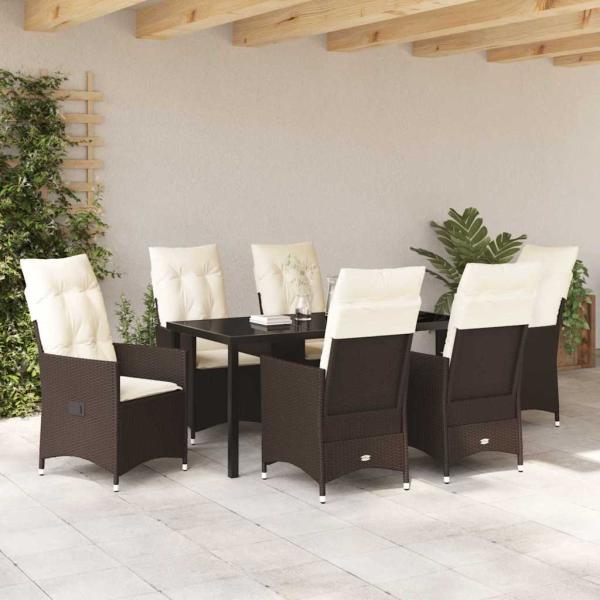 7-teiliges Garten-Esszimmer-Set mit Kissen braun Poly-Rattan