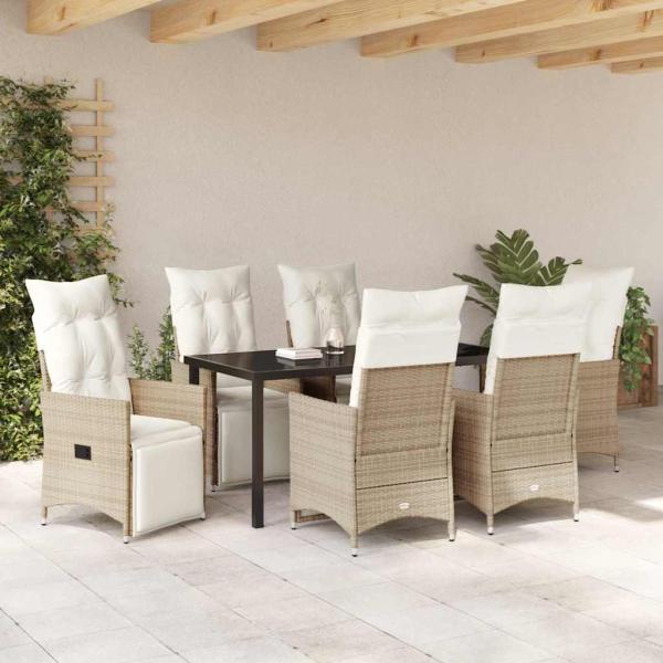 7-teiliges Garten-Set mit Kissen Beige Poly-Rattan