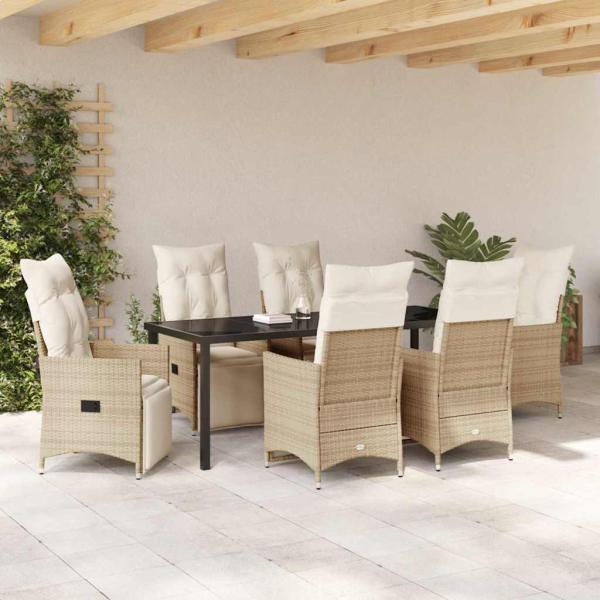 7-teiliges Garten-Dining-Set mit Kissen Beige Poly-Rattan