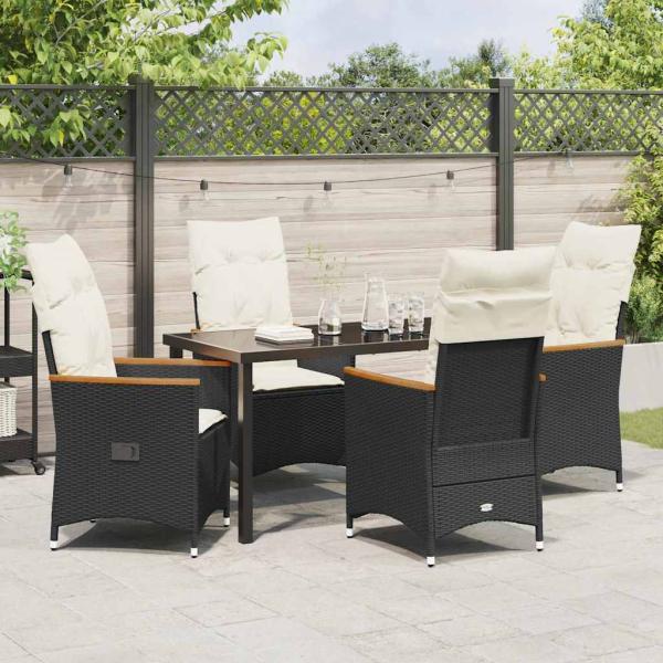 5-teiliges Garten-Dining-Set mit Kissen Schwarz Poly-Rattan