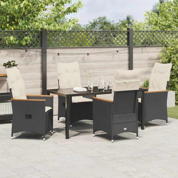 5-teiliges Garten-Dining-Set mit Kissen Schwarz Poly Rattan