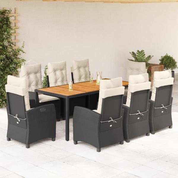 ARDEBO.de - 9-tlg. Garten-Essgruppe mit Kissen Schwarz Poly Rattan