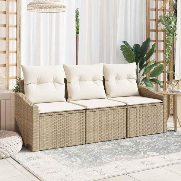 ARDEBO.de - 3-tlg. Garten-Essgruppe mit Kissen Beige Poly Rattan