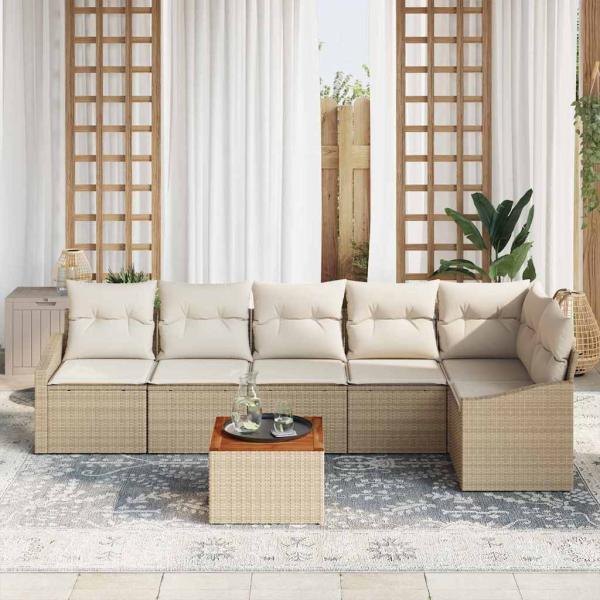 7-teiliges Garten Sofa Set mit Kissen Beige Poly Rattan Akazie