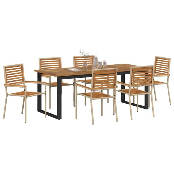 ARDEBO.de - 7-Personen Garten Essgruppe Beige Poly Rattan Akazie, Stapelbare Gartenstühle mit Kissen - Set von 2 in Beige Poly Rattan